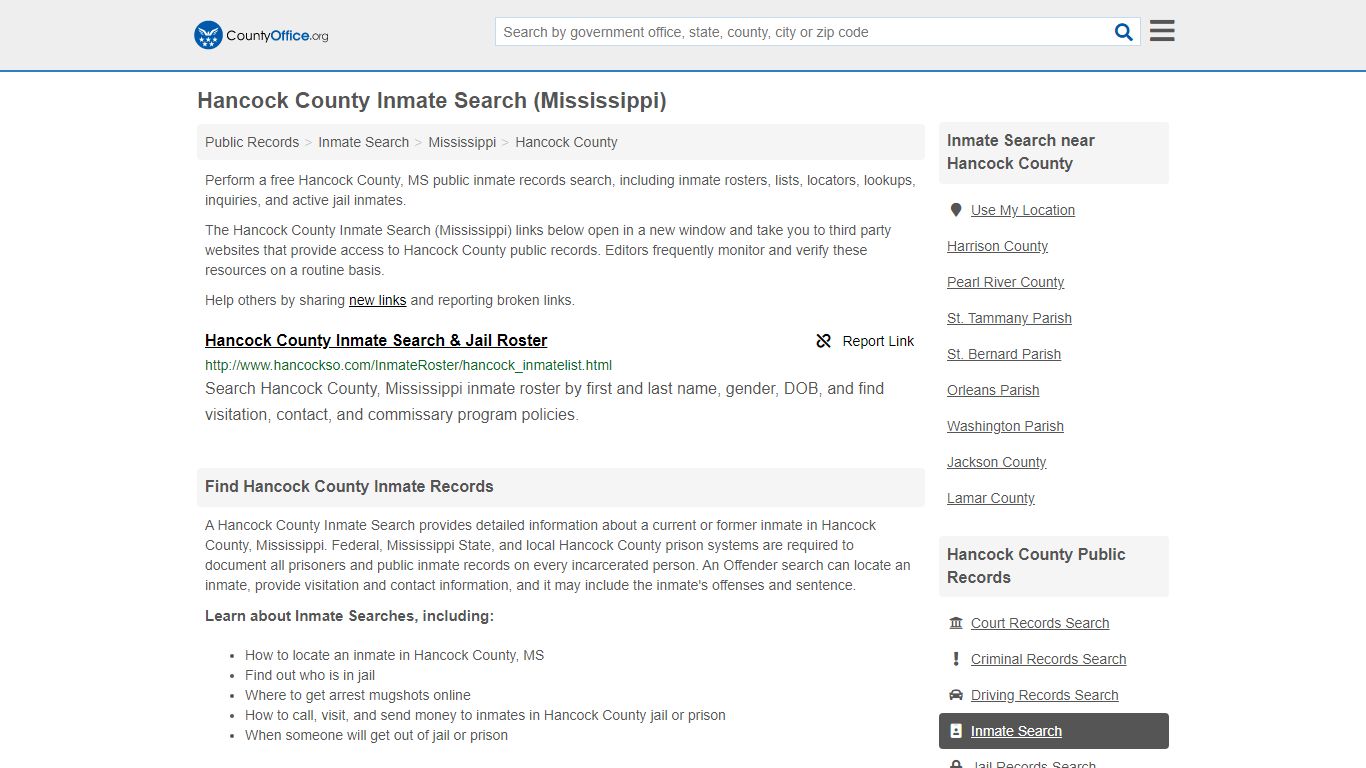 Hancock County Inmate Search (Mississippi) - County Office